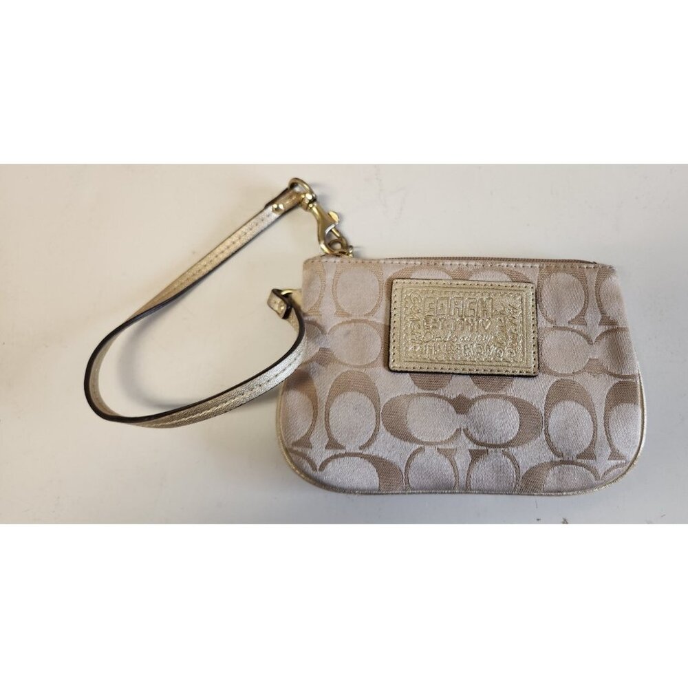 Coach Signature Poppy Beige Gold Wristlet Pouch Wallet